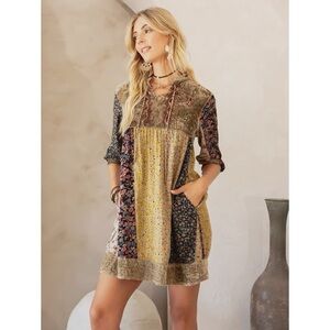 BNWT Young Threads Olive Velvet Floral Mixed Media Embroidered Dress M Cottage